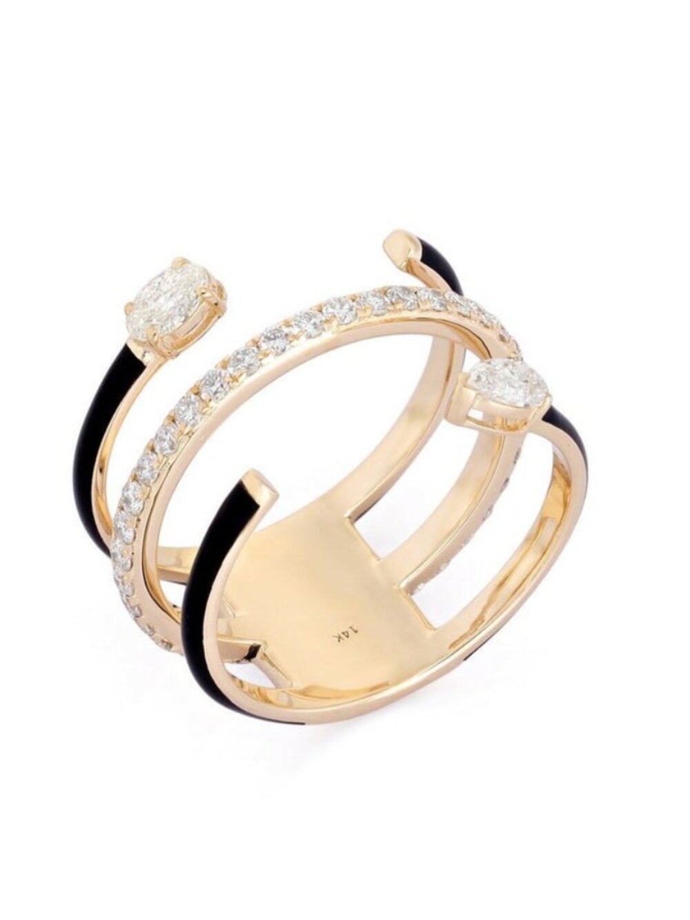 Triple Band Diamond 14K (or 18k upon request) Yellow Gold Black Enamel Open Ring
